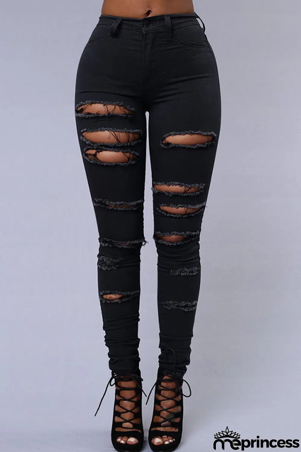 Black Street Solid Ripped Buttons High Waist Regular Denim