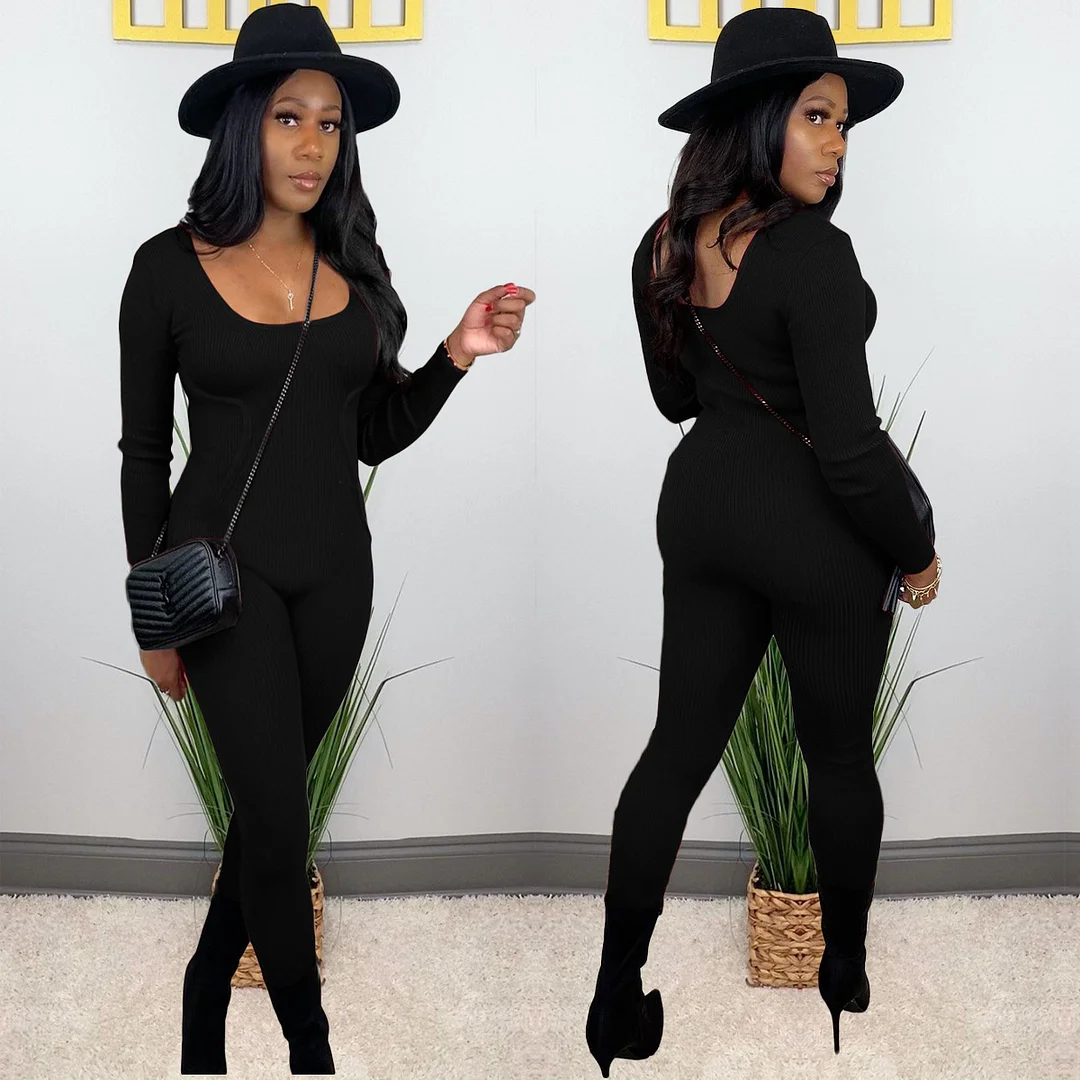 Autumn Sexy Knitted Solid Colors Long Sleeve Bodycon Jumpsuit