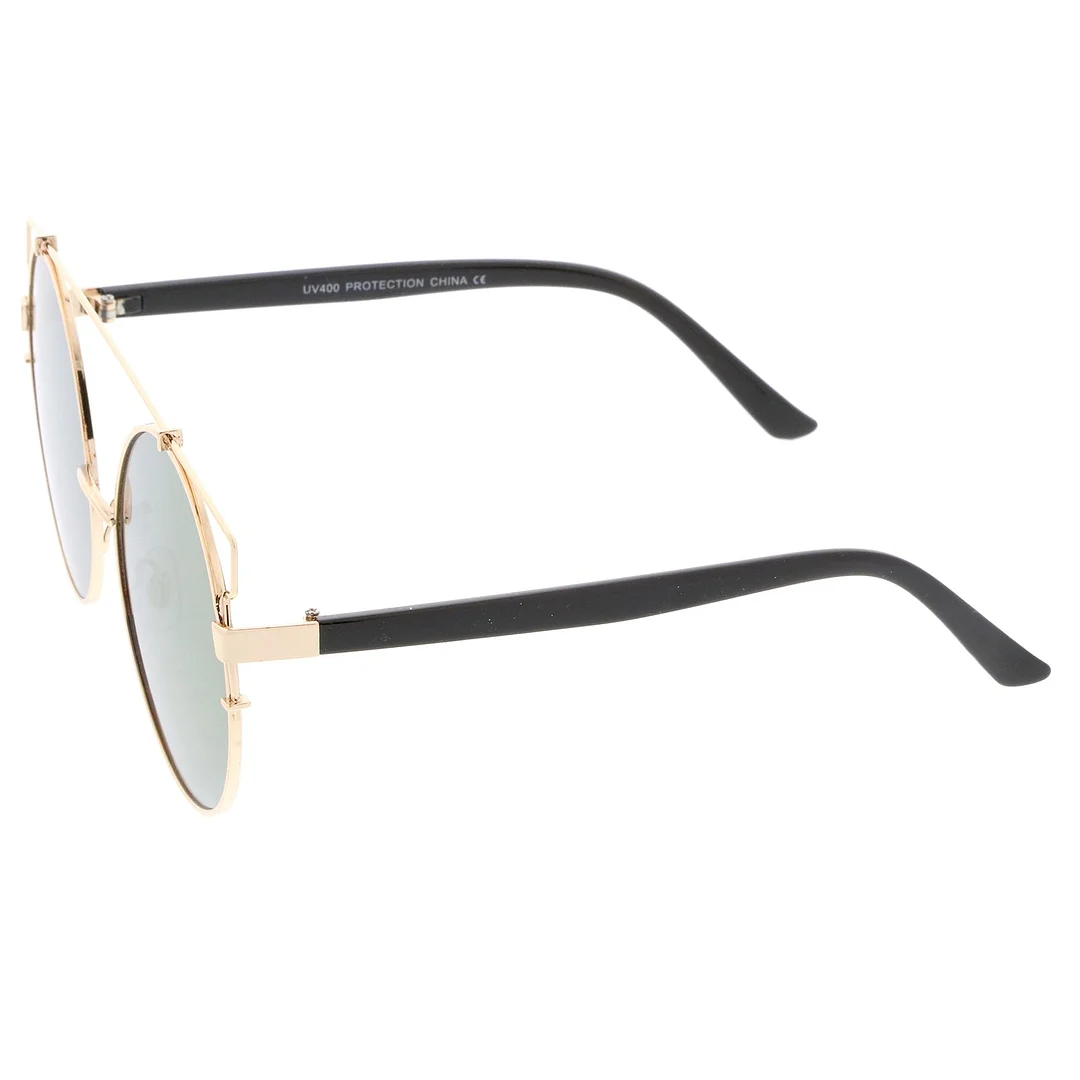 Oversize Metal Frame Horn Rimmed Crossbar Mirror Flat Lens Round glasses 62mm