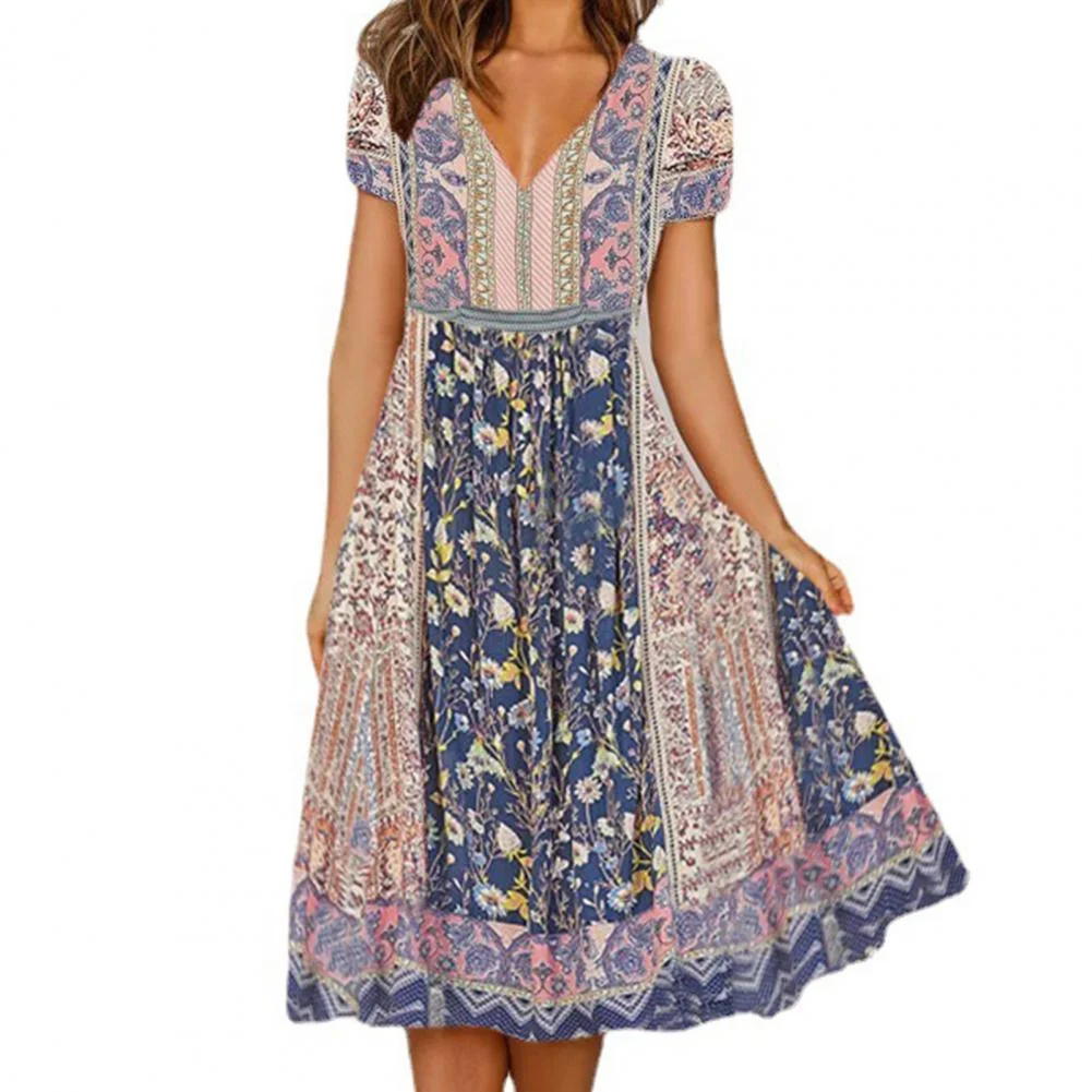 UForever21 Women Dress Vintage Floral Print Splicing Design V-Neck Midi Dress Summer Casual Wear For Daily Wear