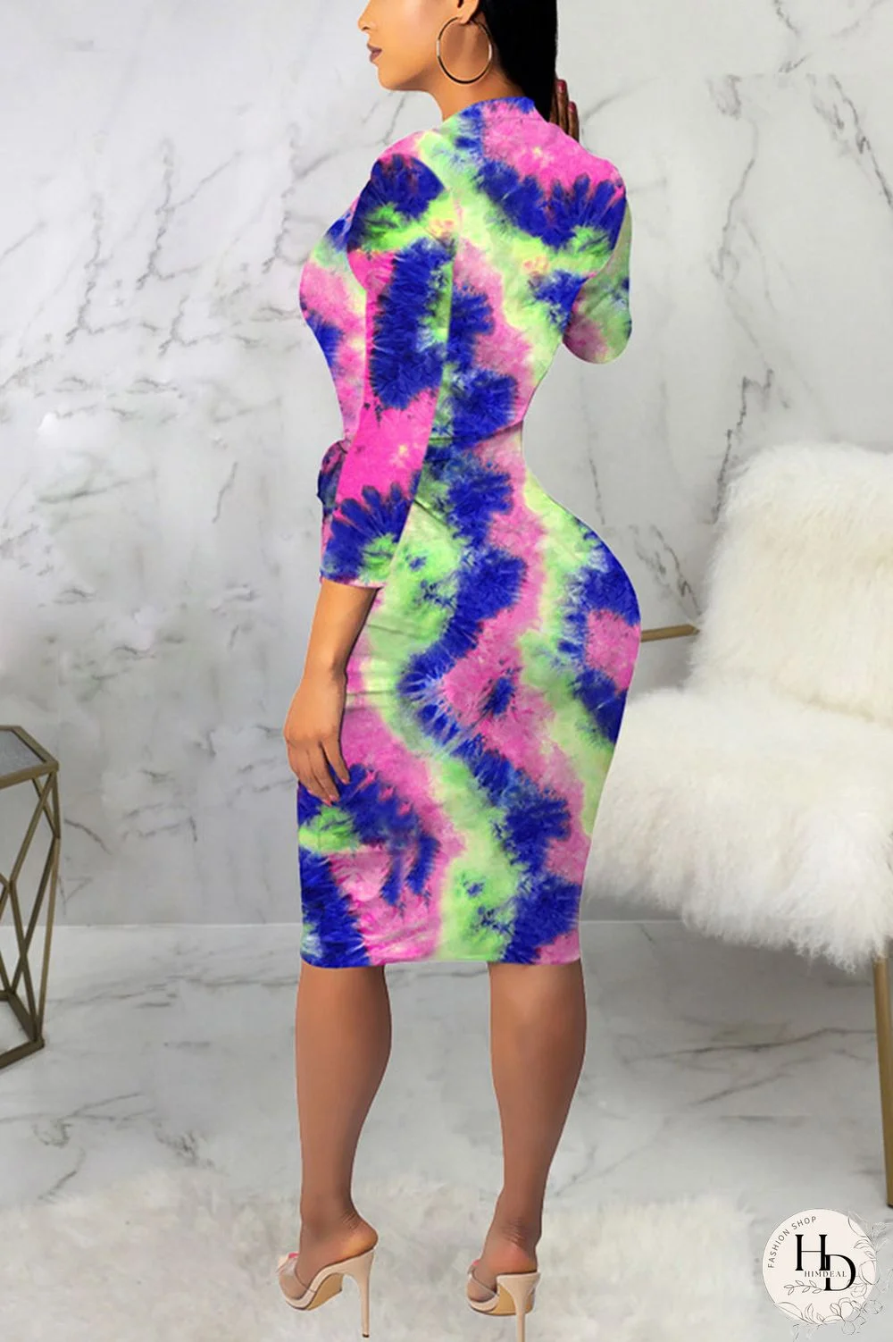 Powder blue Sexy Polyester Tie Dye Split Joint O Neck Long Sleeve Knee Length Long Sleeve Dress Dresses