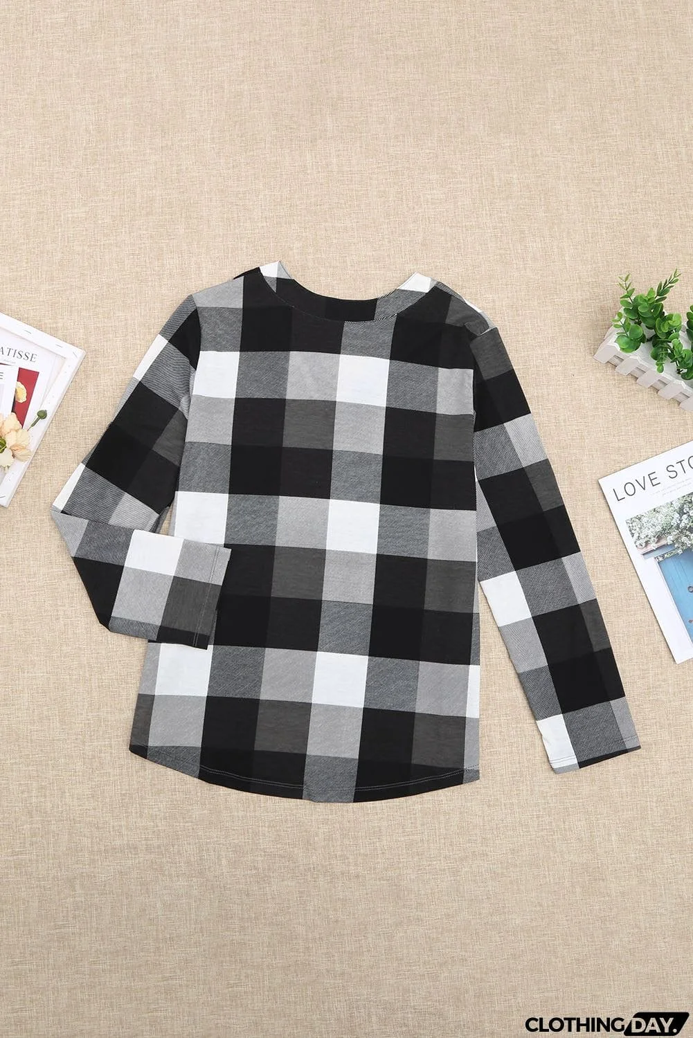 Contrast Plaid V Neck Long Sleeve Top