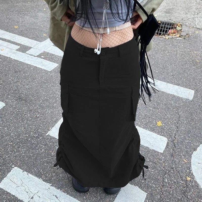 Rapcopter Grey Pockets Midi Skirts Grunge y2k Ruched Drawstring Split Long Skirts Women Low Waisted Korean Prepply Skirts Retro