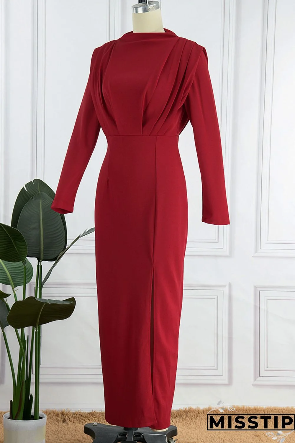 Black Elegant Solid Patchwork Backless Slit Fold O Neck Straight Dresses