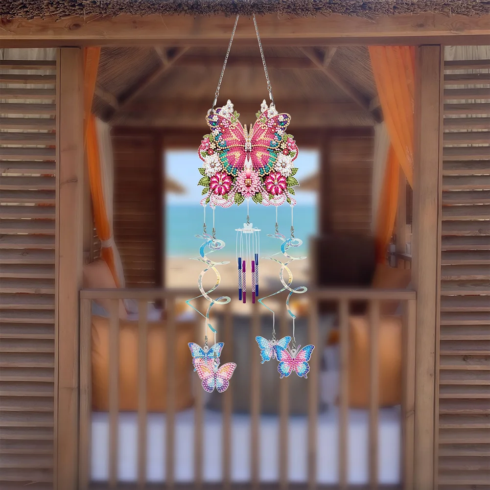 DIY Flower Butterfly Double Sided Diamond Painting Wind Chime for Window Decor