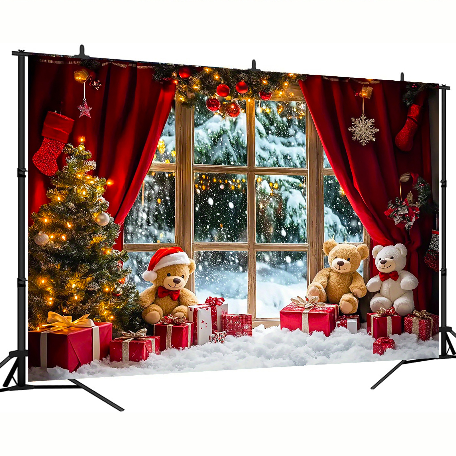 Tegooe Christmas Winter Snowy Window Photography Backdrop - Holiday Teddy Bear and Tree Photo Background Tegooe