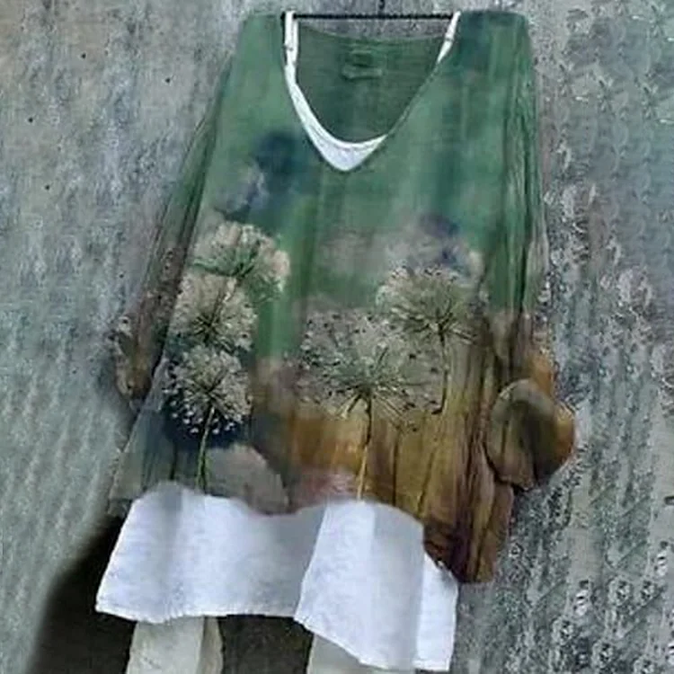 Dandelion Print V-Neck Loose Shirt