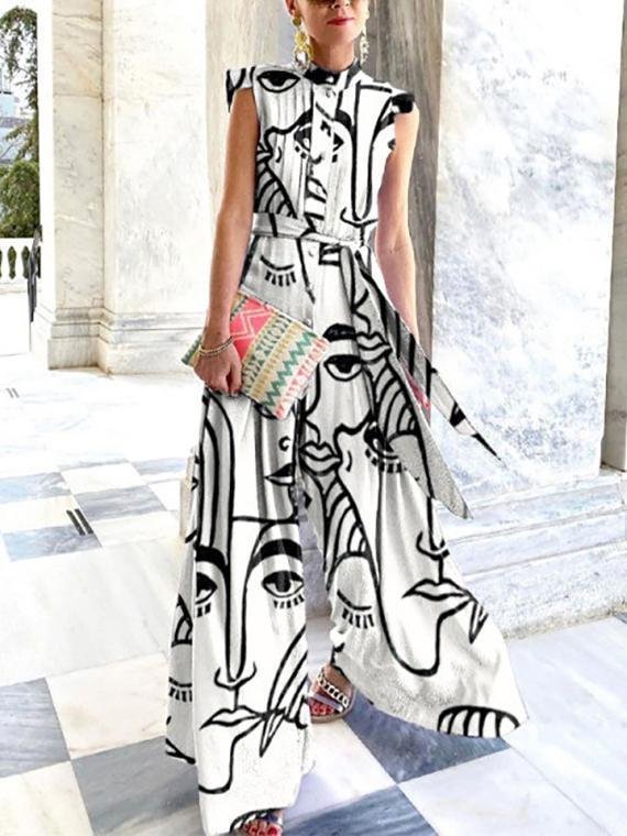 Sleeveless button pattern strappy jumpsuit