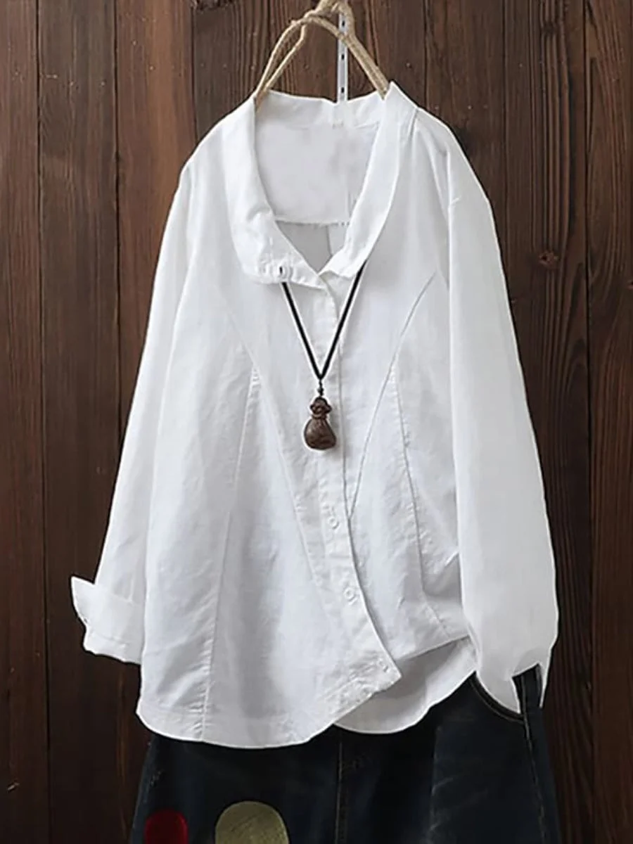 Women's Solid Color Blouse Shirt Collar Button Long Sleeve Plus Size Basic Tops