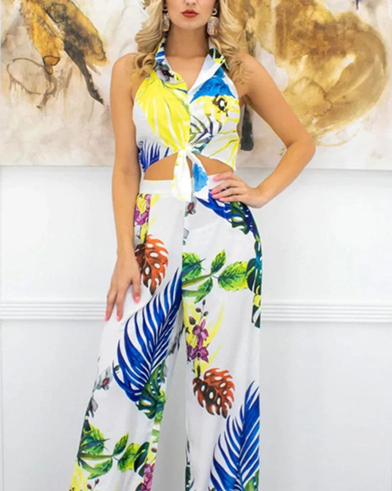 Sleeveless Short Shirt High Waist Wide Leg Pants Two Piece Set