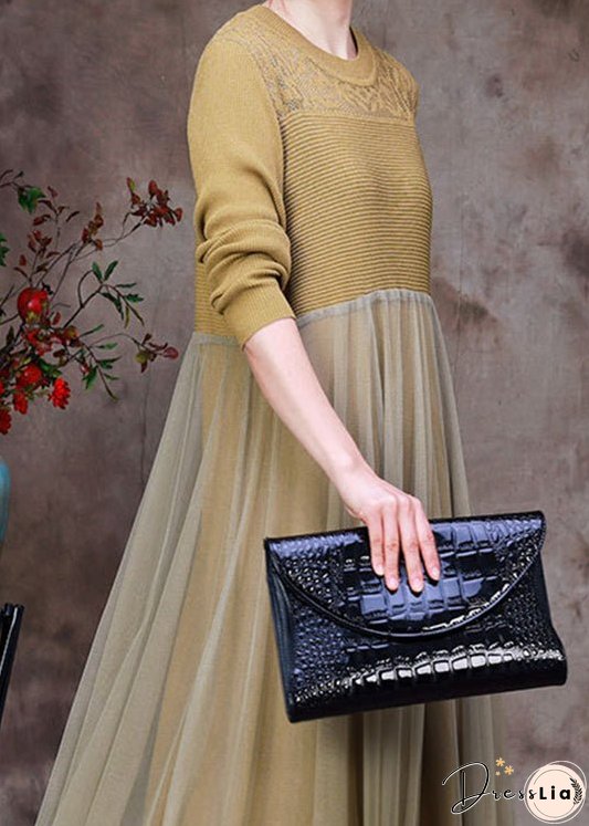 Stylish Yellow O-Neck Tulle Patchwork Knit Dress Long Sleeve