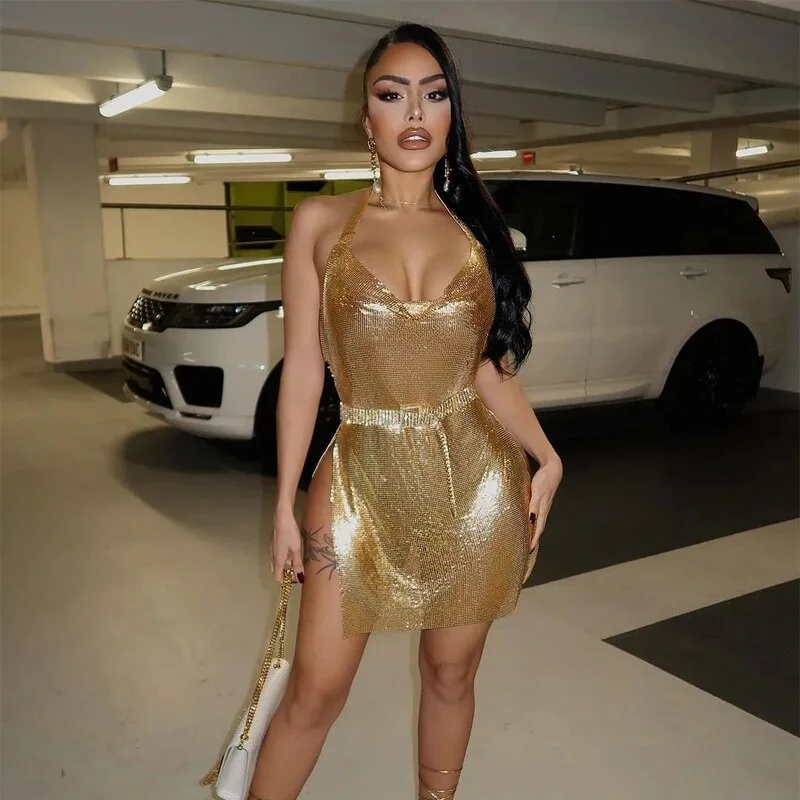 Hugcitar Bling Glitter Women Halter Mini Dress Side Slit Backless Bodycon Sexy Streetwear Party Club Festival 2022 Summer Clothe