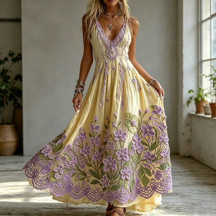 🌸 Women's Purple Floral Embroidered Boho Maxi Dress