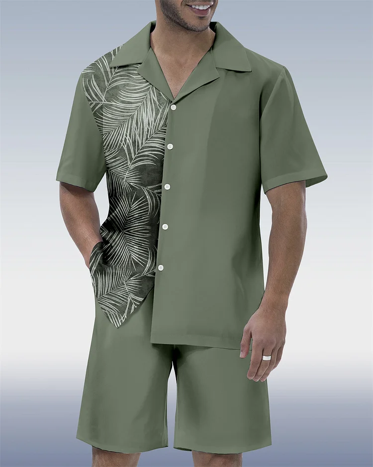 HiBoyz_Men's Casual Vacation Hawaiian Cuban Collar Short Sleeve Shirt Set
