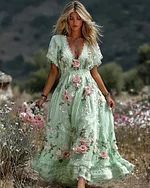 Women's Vintage Pink Floral Art Linen Blend Casual Short Sleeve Maxi Dress - Image 4