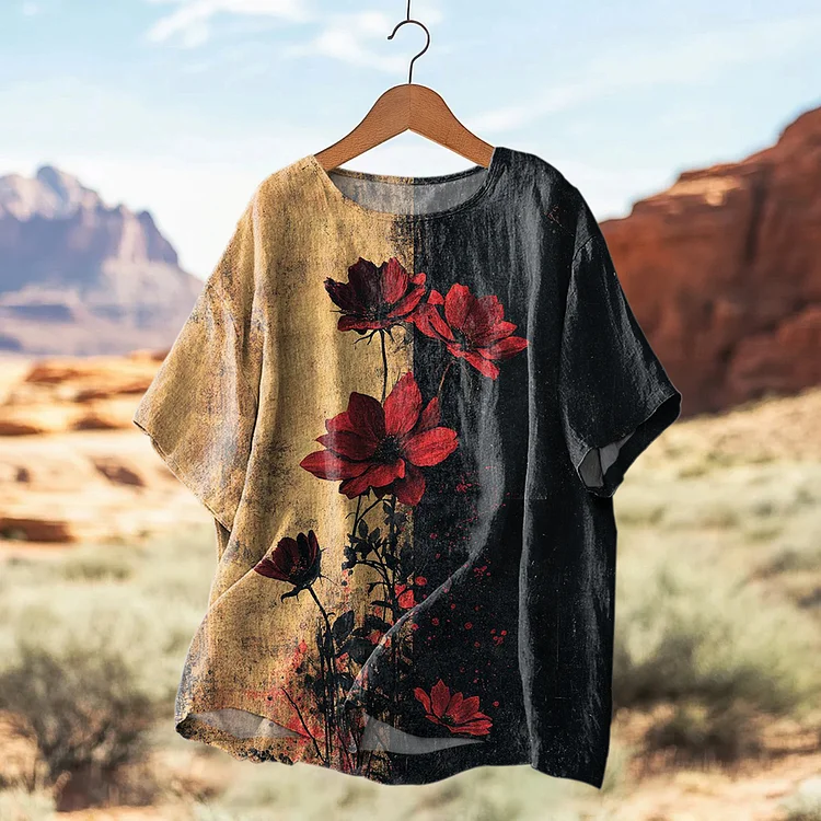 Women's Vintage Rose Art Print Casual Linen  Shirt