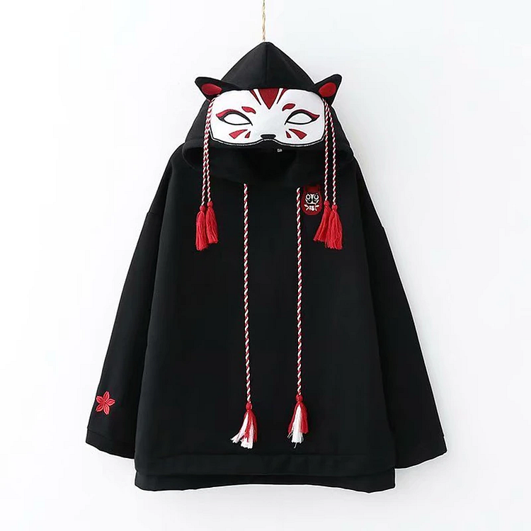 Fox Ghost Face Embroidery Tassels Hoodie - Gotamochi Kawaii Shop, Kawaii Clothes