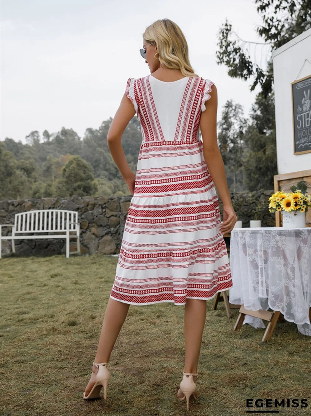 Bohemian V-neck Pocket Striped Dress | EGEMISS