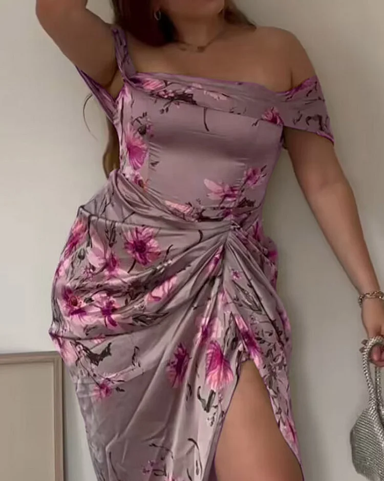 Sexy Off Shoulder Slit Print Plus Dress