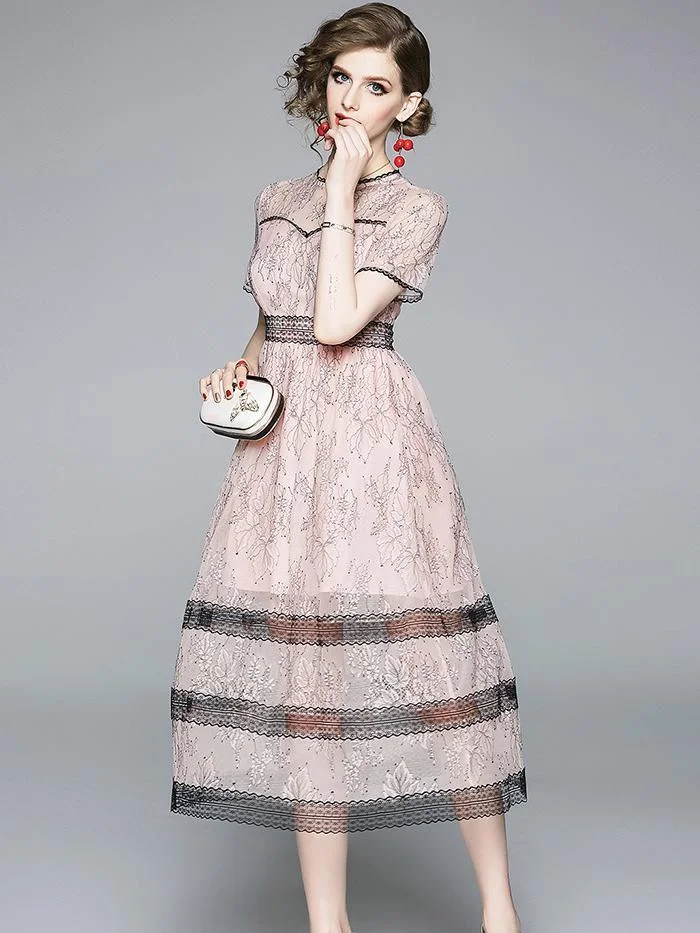 Fashion pink lace mid-length slim dress