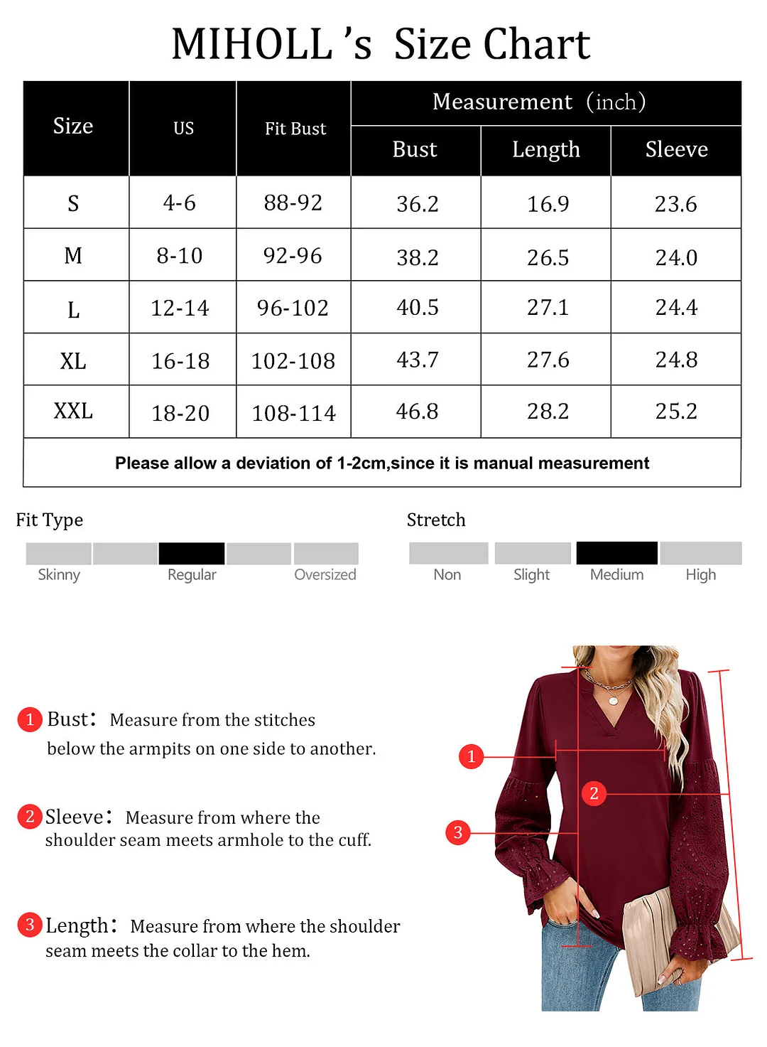 MIHOLL Women V Neck Long Sleeve Shirt Lace Crochet Loose Casual Top Blouse
