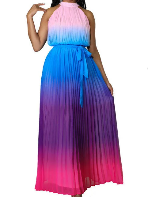 Plus Size Casual Prom Gradiant Halter Lace Pleated Maxi Dress