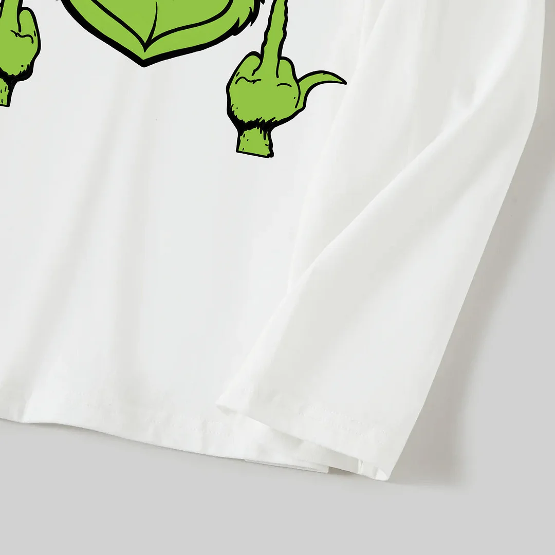 Christmas Green Cartoon Character With Santa Hat Pattern Print White Long-sleeved Top Red&Green Plaid Pants Family Matching Pajamas