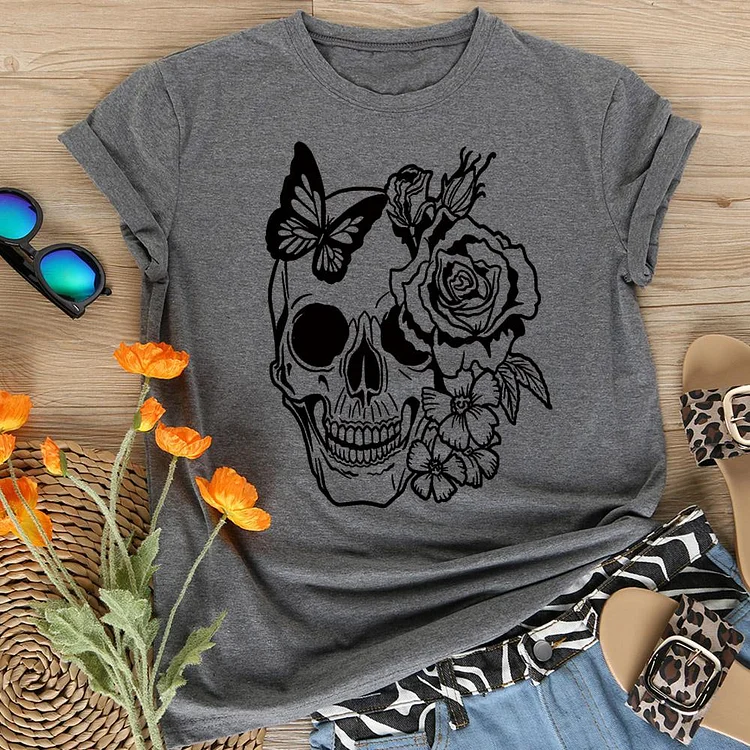Skull Rose and Butterfly   T-Shirt Tee-06639-Annaletters