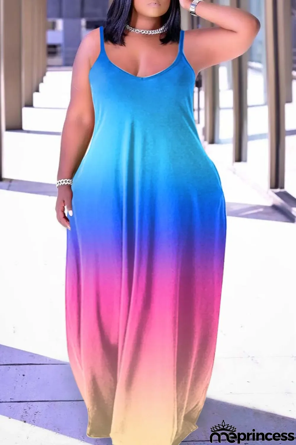 Dark Purple Sexy Casual Print Backless Spaghetti Strap Long Dress Dresses