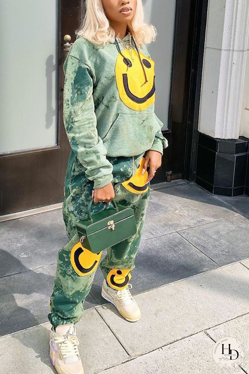 Green Fashion Casual Acetate Fiber Patchwork Hooded Collar Two Pieces