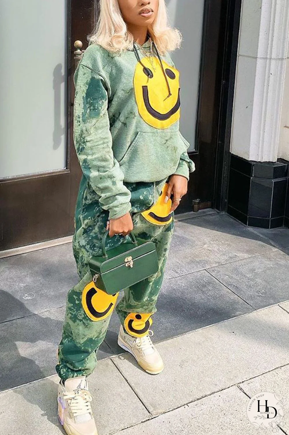 Green Fashion Casual Acetate Fiber Patchwork Hooded Collar Two Pieces