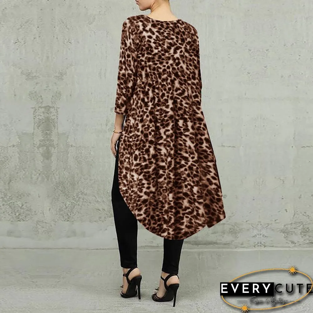 Fashion Women Leopard High Low Tops Crew Neck Long Sleeve Spring Baggy Blouses Chemisier