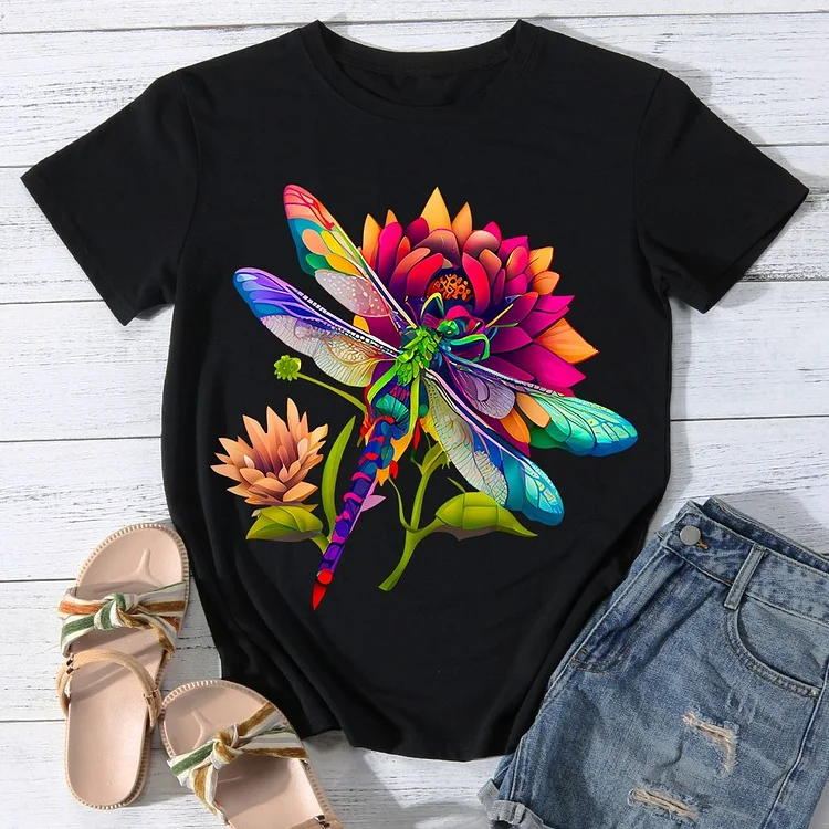 Dragonfly with  Bursting flower Women Round Neck T-shirt - BSTCA0083