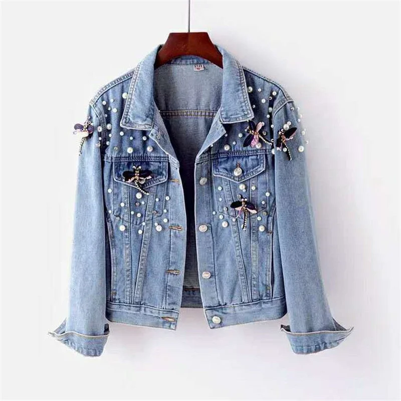 2021 Autumn Denim Jacket Coat Women Beading Loose Overcoat Jeans Jacket Basic Coats Streetwear Long Sleeve Casual Outerwear