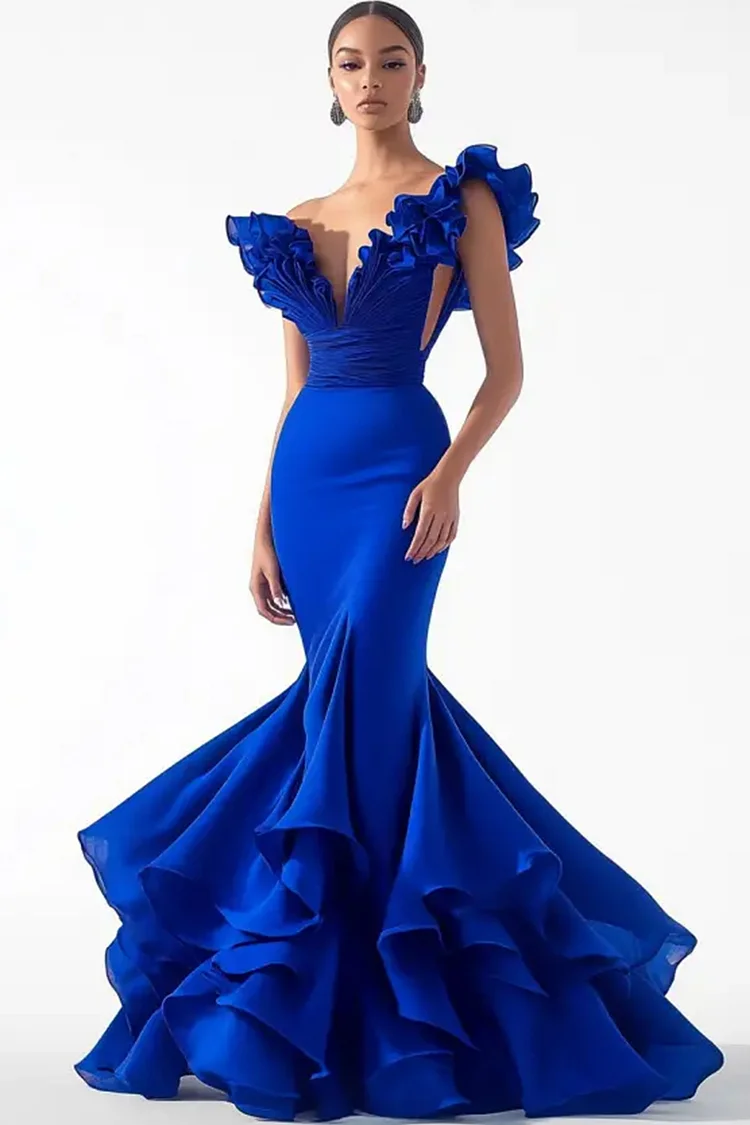 One Shoulder Ruffle Trim Layered Mermaid Maxi Dress-Royal Blue [Custom-Made]