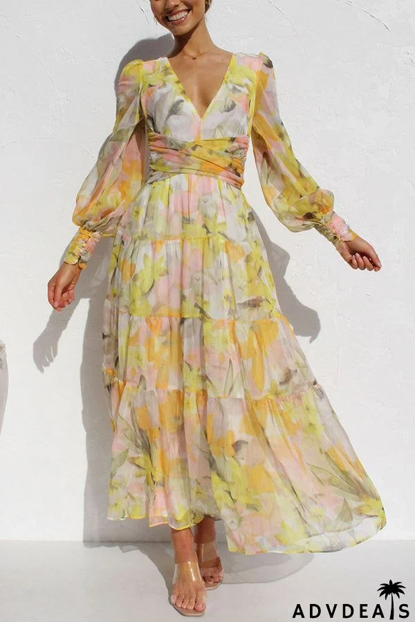 Olena Abstract Floral Balloon Sleeves Maxi Dress