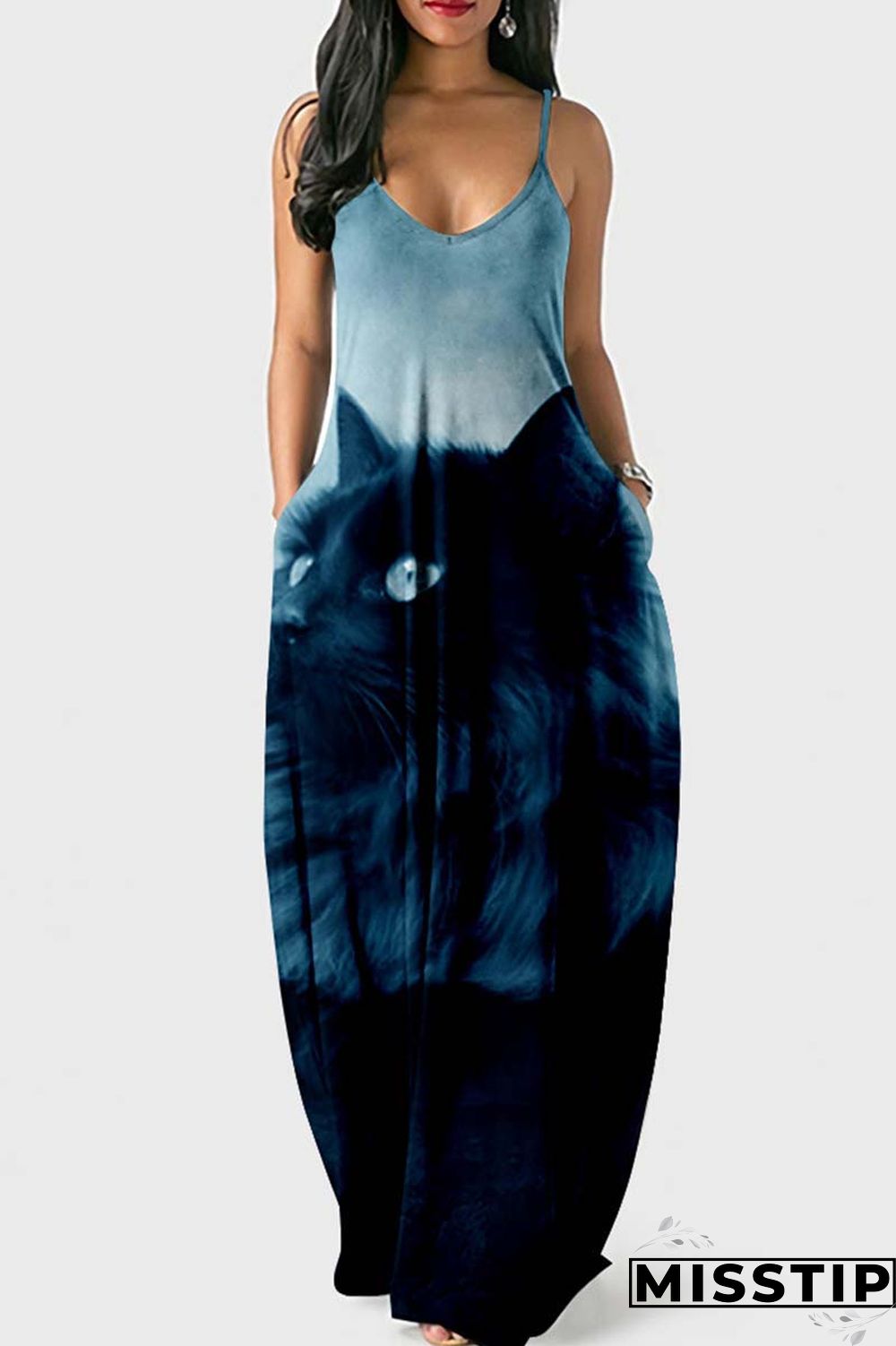 Khaki Sexy Casual Print Backless Spaghetti Strap Long Dress Dresses