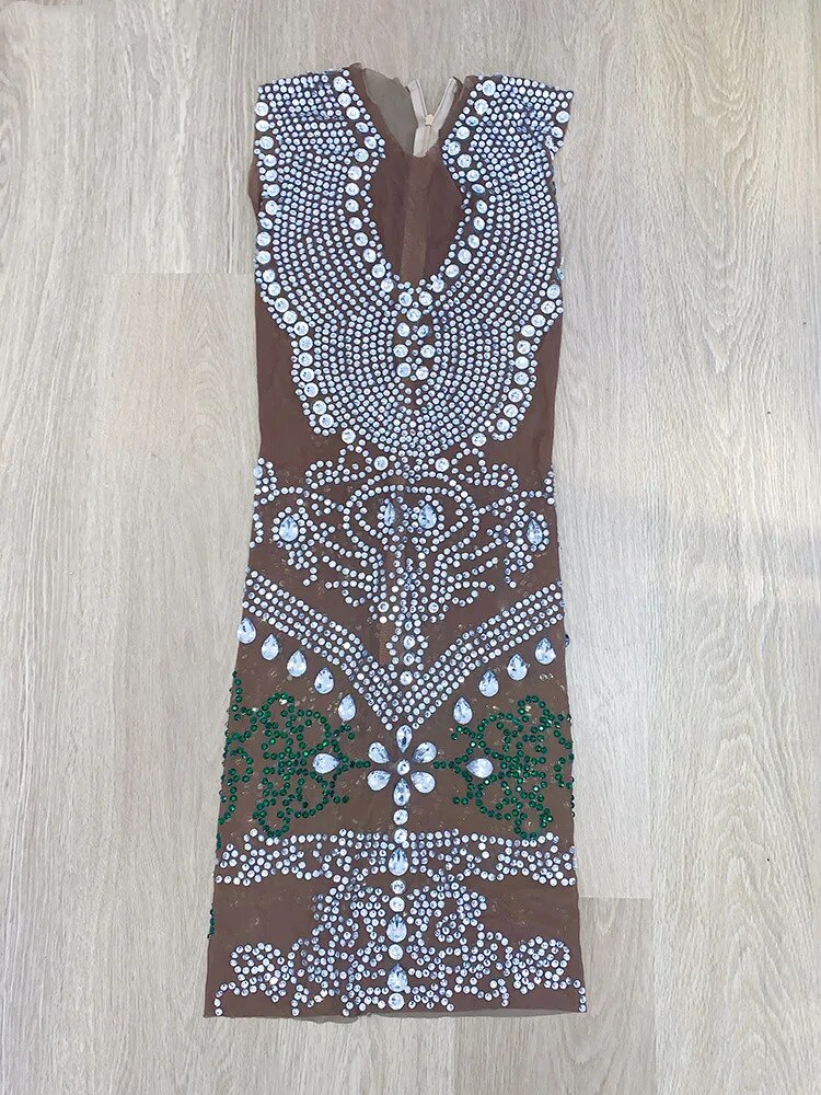 VCSHOES Women Singer Shiny Stage Costume Rhinestones Sleeveless Transparent Mesh Bodycon Dress Birthday Prom Celebrate Crystal Dresses