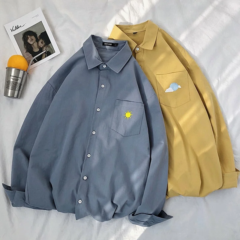 Zoki 100% Cotton Women Shirt Cute Preppy Style Casual Loose Shirts Fashion Embroidery Autumn Button Up Pocket Ladies Tops 2021