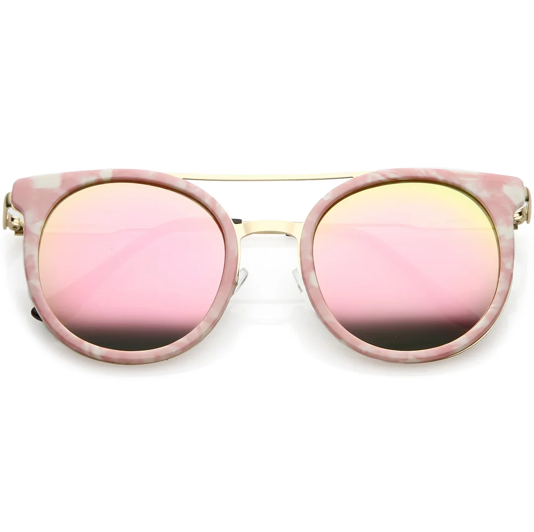 Modern Horn Rimmed glasses Sleek Double Nose Bridge Round Color Mirrored Lens 51mm