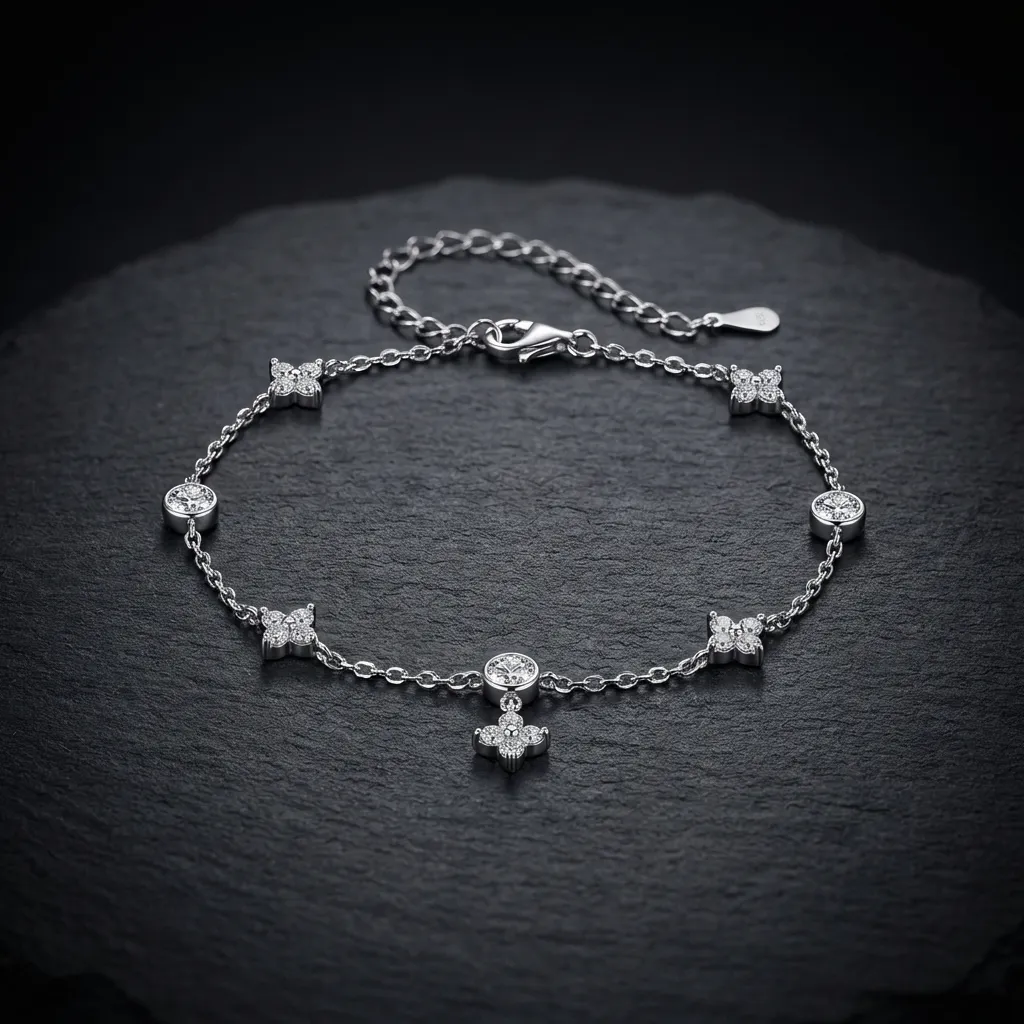 JiStones Luminary Four-Leaf Clover Moissanite Bracelet in Platinum-Plated S925 Silver Platinum Finish | 2.4ct Moissanite-Adjustable (S925 Silver)