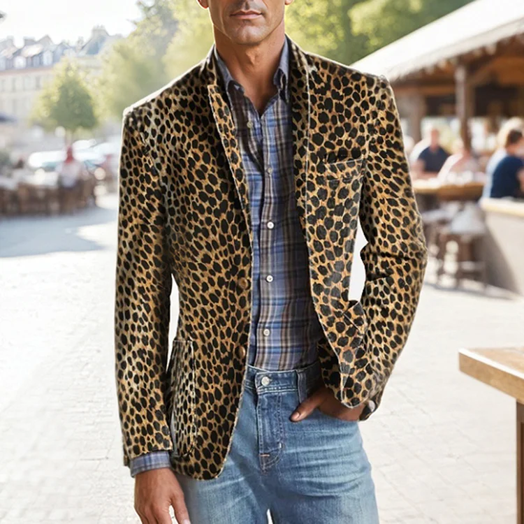 Okaywear Leopard Print Notch Lapel Slim Fit Two Button Blazer 