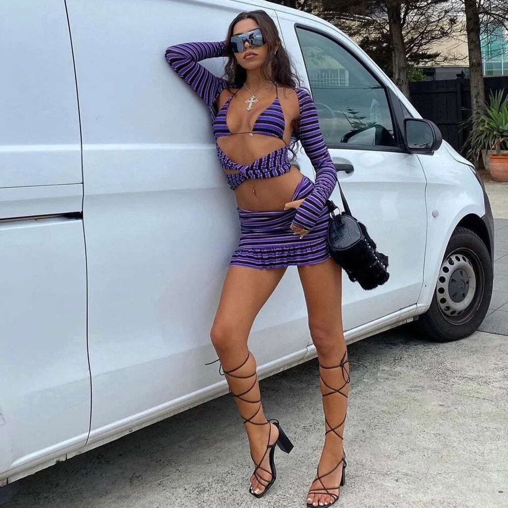 wsevypo Chic Women Three Pieces Striped Suits Sets Sexy Long Sleeve Cutout Crop Tops+Tie-up Halter Bra+Mini Ruffles Skirt