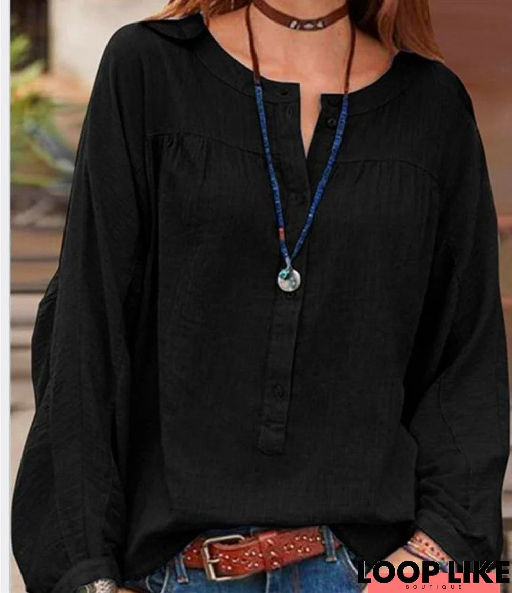 Button Solid Color Long Sleeved Casual Fashion Blouse