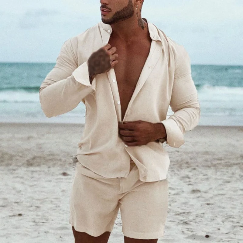 Hawaiian Long Sleeve Shirt Shorts Loose Two-Piece Set