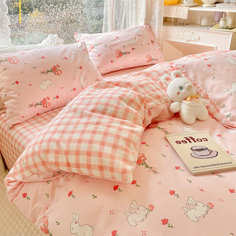 Cute Animals Flower Bedding Set For Double Bed 100 Cotton Twin Full ...