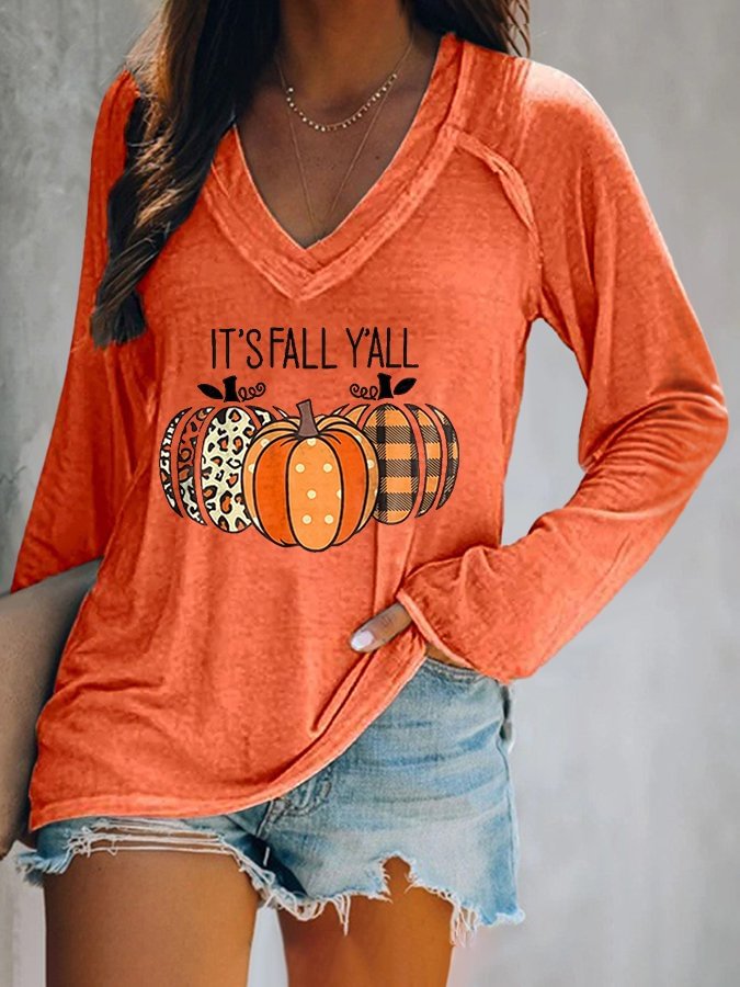 Halloween Bats Print V-neck  Long Sleeve Casual T-Shirt