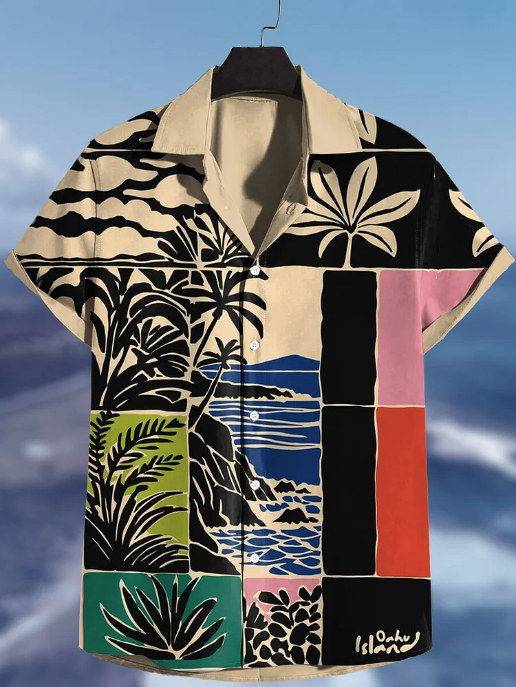 Men's Seaside Floral Color Blocking Holiday Geometric Art Print Shirt