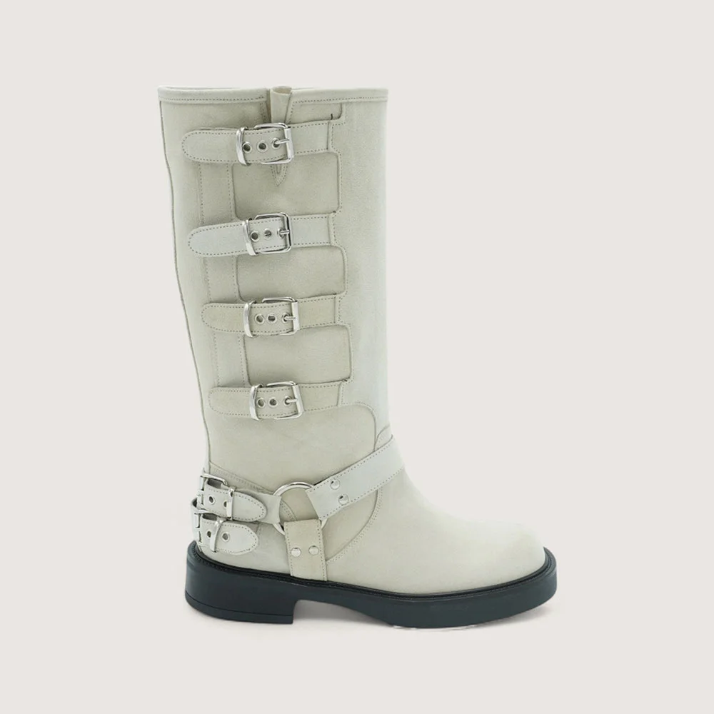 Buckle Strap Motorcycle Shoes Chunky Heel Mid-Calf Boots in White