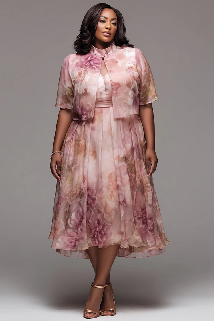Xpluswear Design Plus Size Mother Of The Bride Pink Floral Stand-Up Collar Short Sleeve Chiffon Two Piece Dress Set [Pre-Order] 2024 - Xpluswear